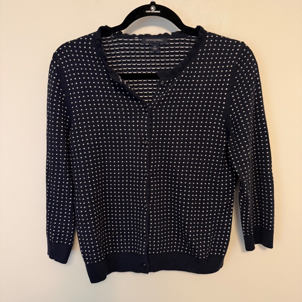 Banana Republic Navy Blue White Dot Scalloped Cardigan Sweater Angora Blend M